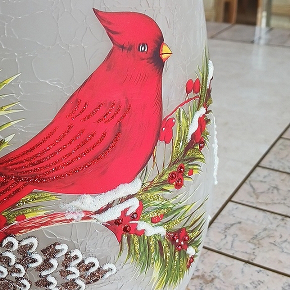 Vase 11" inch crackle glass /with cardinal,by Valeri/Qvc/w-drop In Lights - Picture 3 of 16